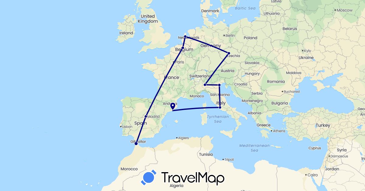 TravelMap itinerary: driving in Belgium, Czech Republic, Spain, Italy, Morocco, Netherlands (Africa, Europe)